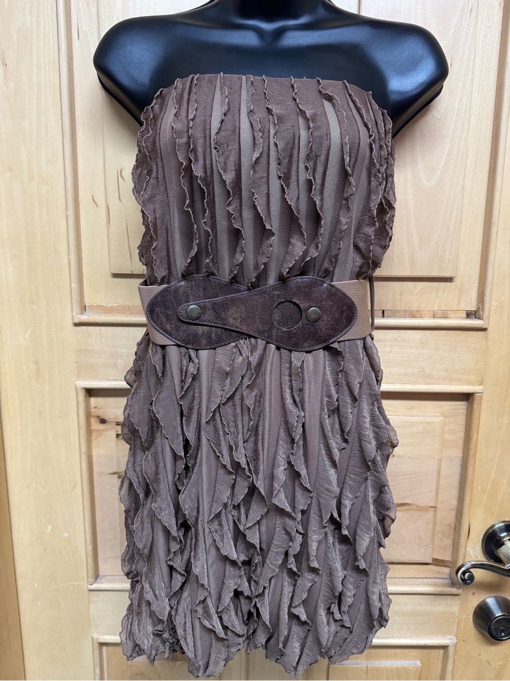 January 7 Strapless Ruffled Dress in Brown with Waist Belt